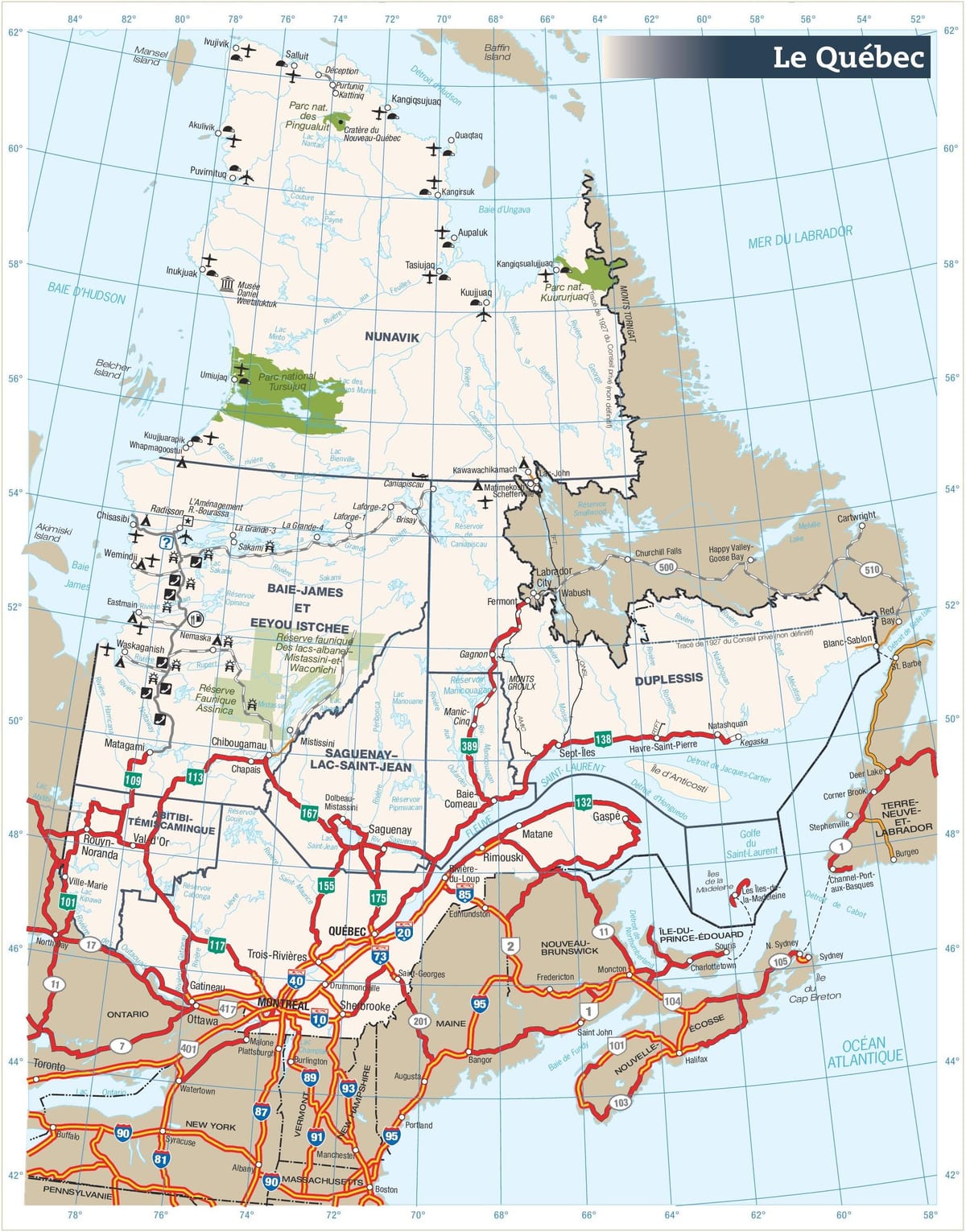 Carte de la route de Québec, canada